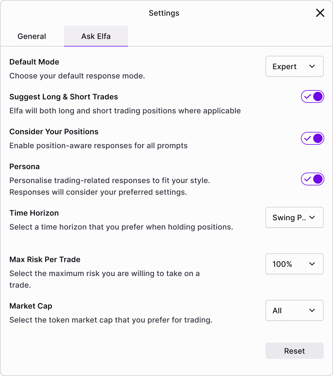 Elfa settings - Ask Elfa preferences