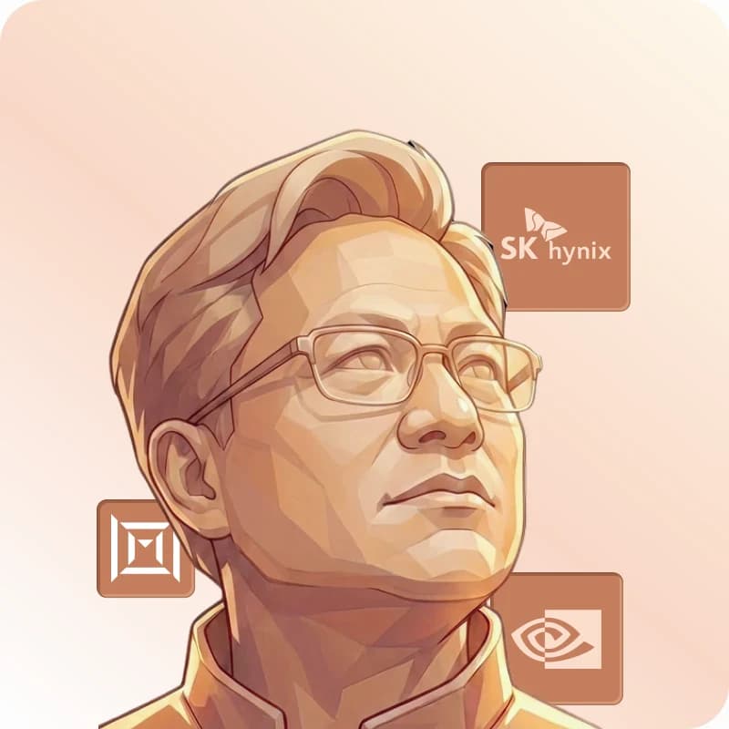Illustration of Jensen Huang surrounded by SK Hynix, TSMC and Nvidia logos